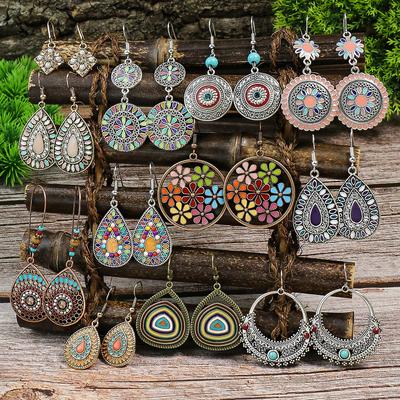 Bohemian Fashion Earrings Alloy Oil Drop Vintage Geometric Round Turquoise Inlaid Exquisite Dot Zircon Ear Zircon Wholesale