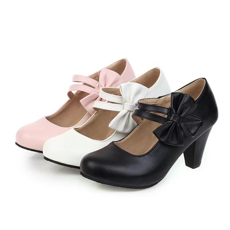 Fashion Cinderella Sweet Bow Hoop & Loop Pumps Round Toe Matte Soft Shoes Pink White Wide Fitting Well Made