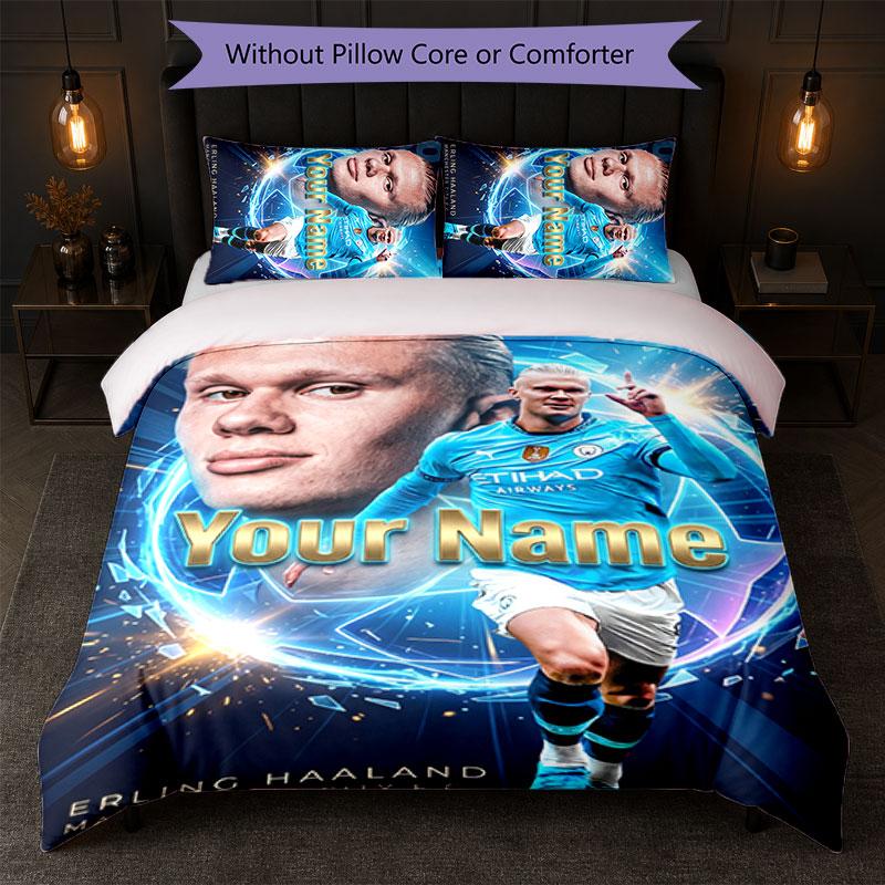 Set Biancheria da Letto Personalizzato con Nome Erling Haaland 1 Copripiumino + 2 Federe Logo Calcio Regalo Personalizzato per Occasioni Speciali Decorazione Camera da Letto