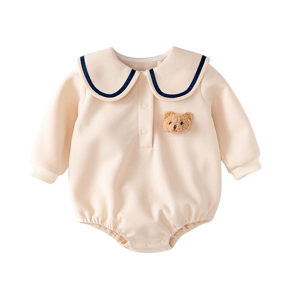Baby Clothes Clothes Long Sleeve Bodysuit Boys Girls Newborns Baby Preparing for Birth Gift Sailor Style Plain Bear Pattern Beige 12M [Baby koi]