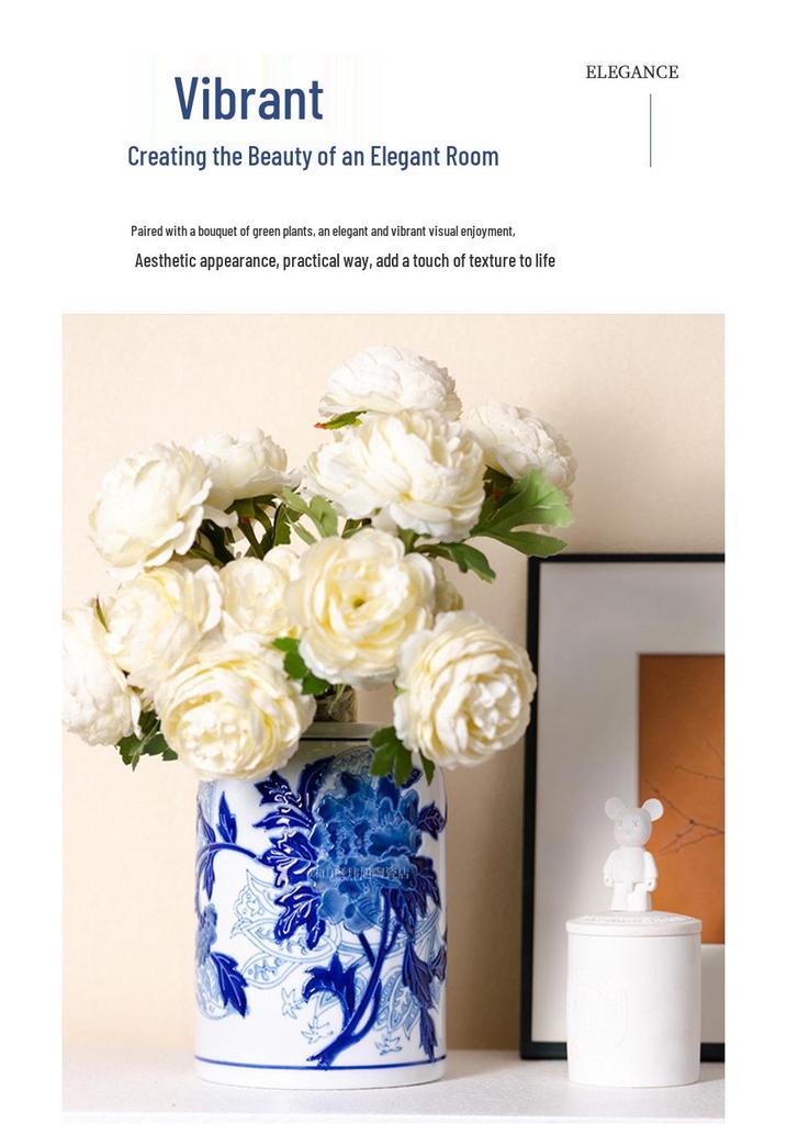 Blue and White Porcelain Peony Vase: Elegant Living Room Decoration
