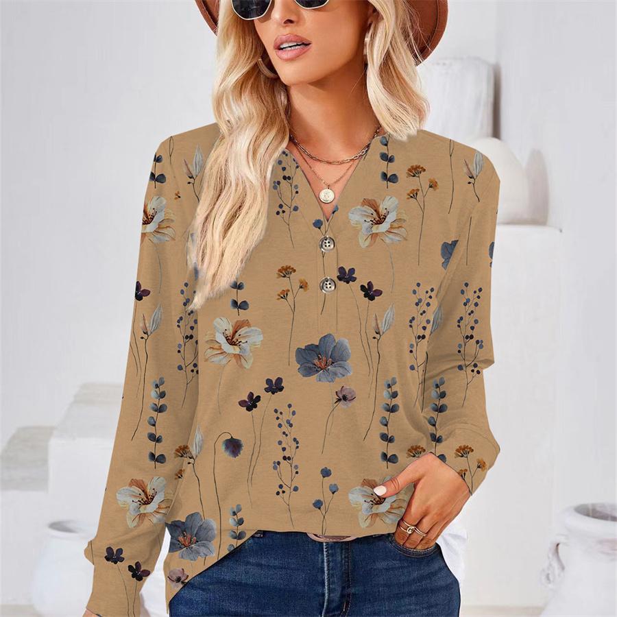

Осенняя блузка с длинным рукавом и v-образным вырезом с цветочным принтом для женщин больших размеров 2XL хаки