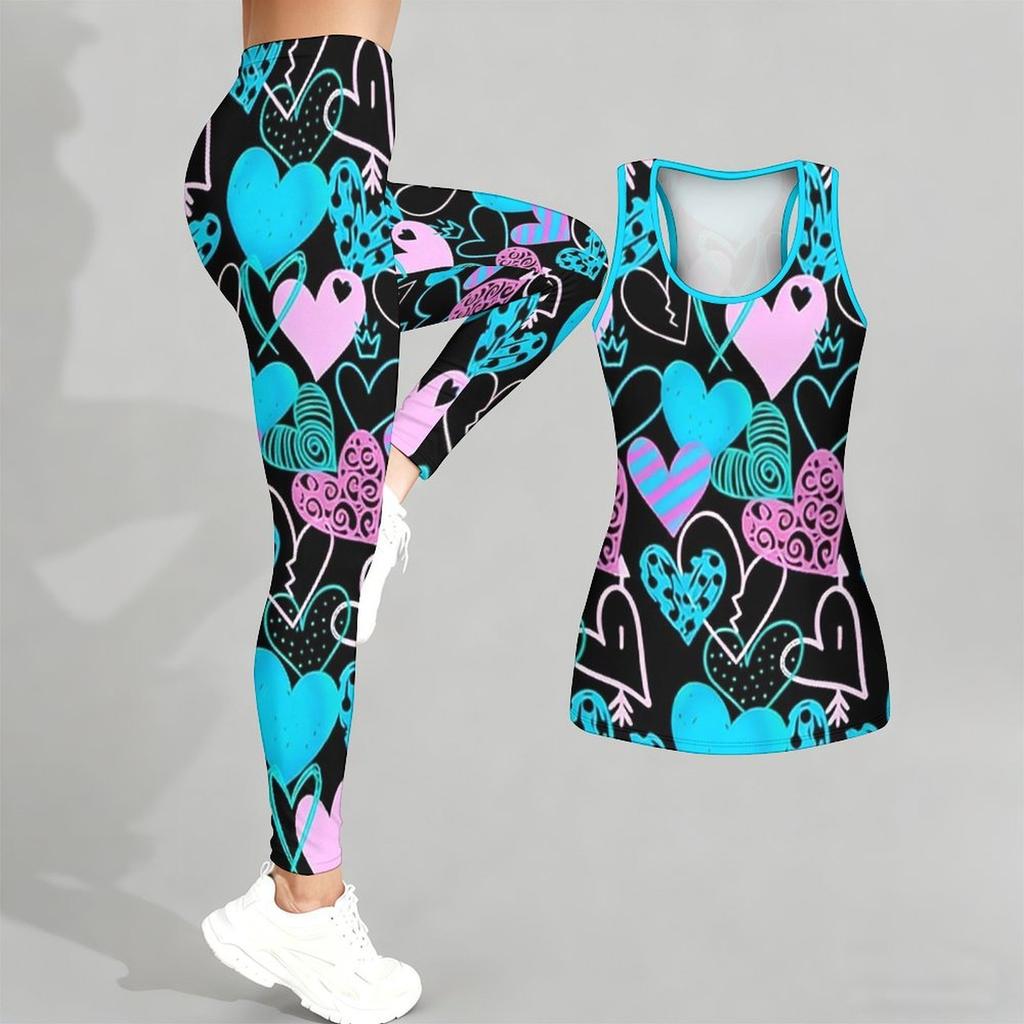 Completo Yoga Stampato con Motivo a Cuori per Donna Moda Leggings da Allenamento Fitness Sportivo Set Yoga Casual Tuta Sportiva