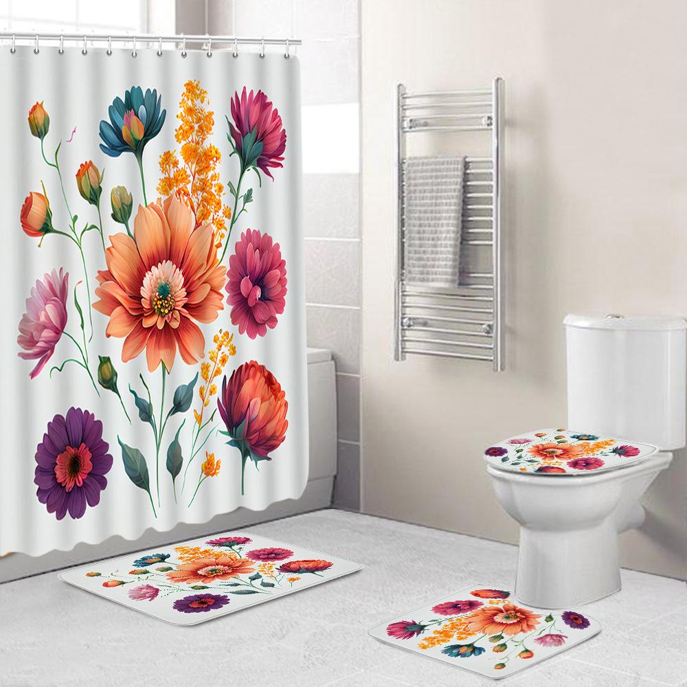 Creative Fashion Series Shower Curtain Floor Mat Combination Four-Piece Set Bathroom Toilet Carpet Shower Room Mat Foot Mat
