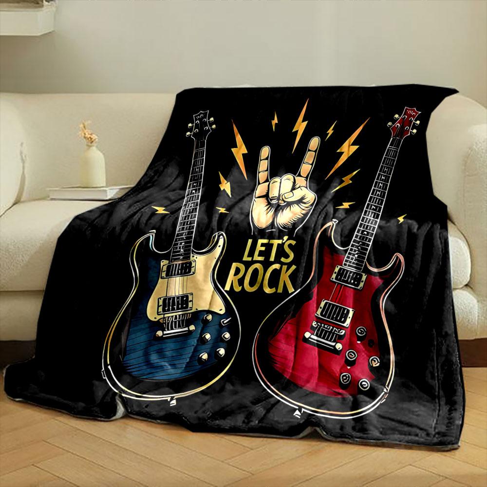 Two Electric Guitars, Hand Sign, Lightning Bolts, and "Let's Rock" Text. for All Seasons Blanket Lunch Break Throw Gift
