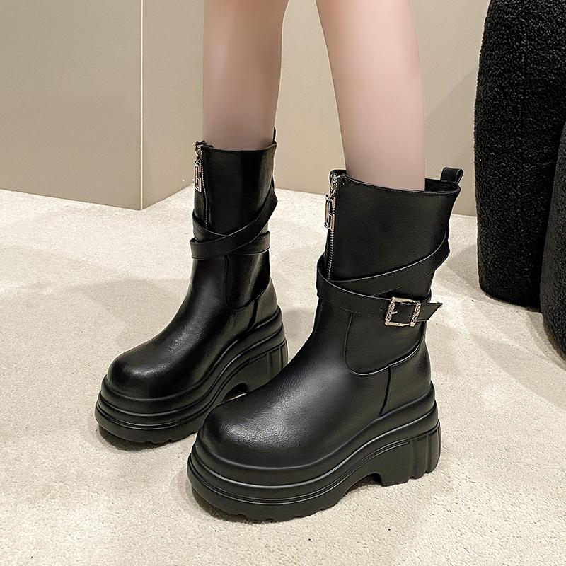 Fashion Women Platform Motorcycle Boots 9CM Wedges Heels Leather Mid Calf Boots Woman Winter Warm Fur Chunky Sneakers Gothic Botas Mujer