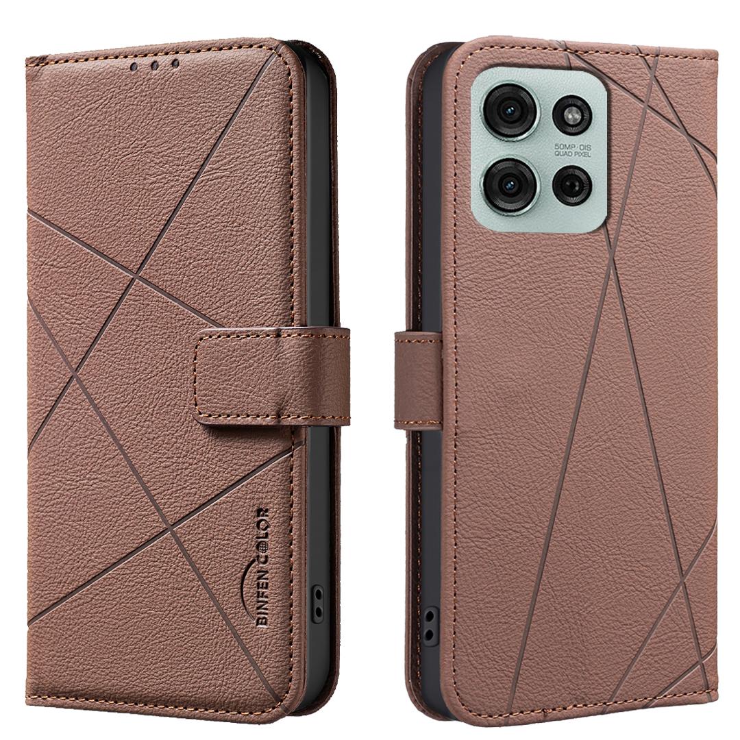 

Для Motorola Moto G75 5G Чохол BINFEN COLOR BF35 Геометричний Тиснений Шкіряний Чохол для Телефону Гаманець з RFID-блокуванням Підставка Brown