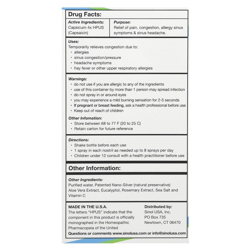 Sinol, SinolM, 100% Natural Ingredients Nasal Spray, Fast Allergy and Sinus Symptom Relief, 15ml