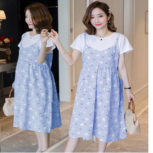 2025 Celebrity-Inspired Maternity Summer Two-Piece Patchwork Dress - Short Sleeve, Mid-Length, Loose Fit
