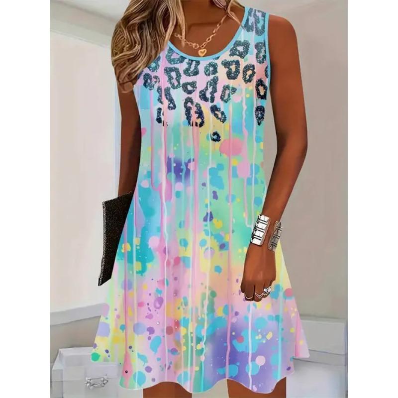 Large Size Women's Dress Fashionable 3D Plaid Print Sleeveless Elastic Round Neck Summer Dress