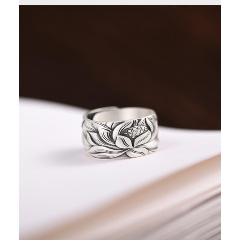 Adjustable Open Ring Men Women Vintage Floral Lotus Design Plated Geometric Band Unisex Fashion Jewelry