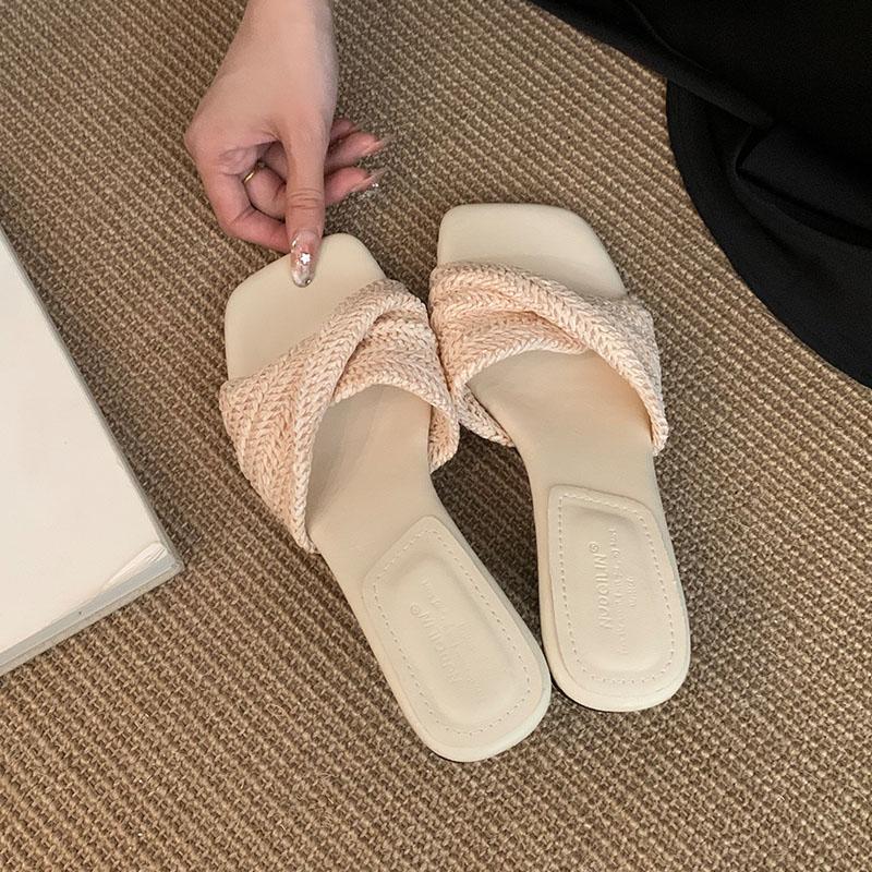 Móda Nové 2025 Móda Nízký Podpatek Dámské Pantofle Sandály Boty Dámská Čtvercová Špička Obuv Mělké Dámské Pantofle na Podpatku Nazouvací Boty