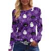 Women's Long Sleeve Halloween Print Top Round Neck Casual Pullover Shirt with Split Hem Lightweight Fabric for Seasonal Wear