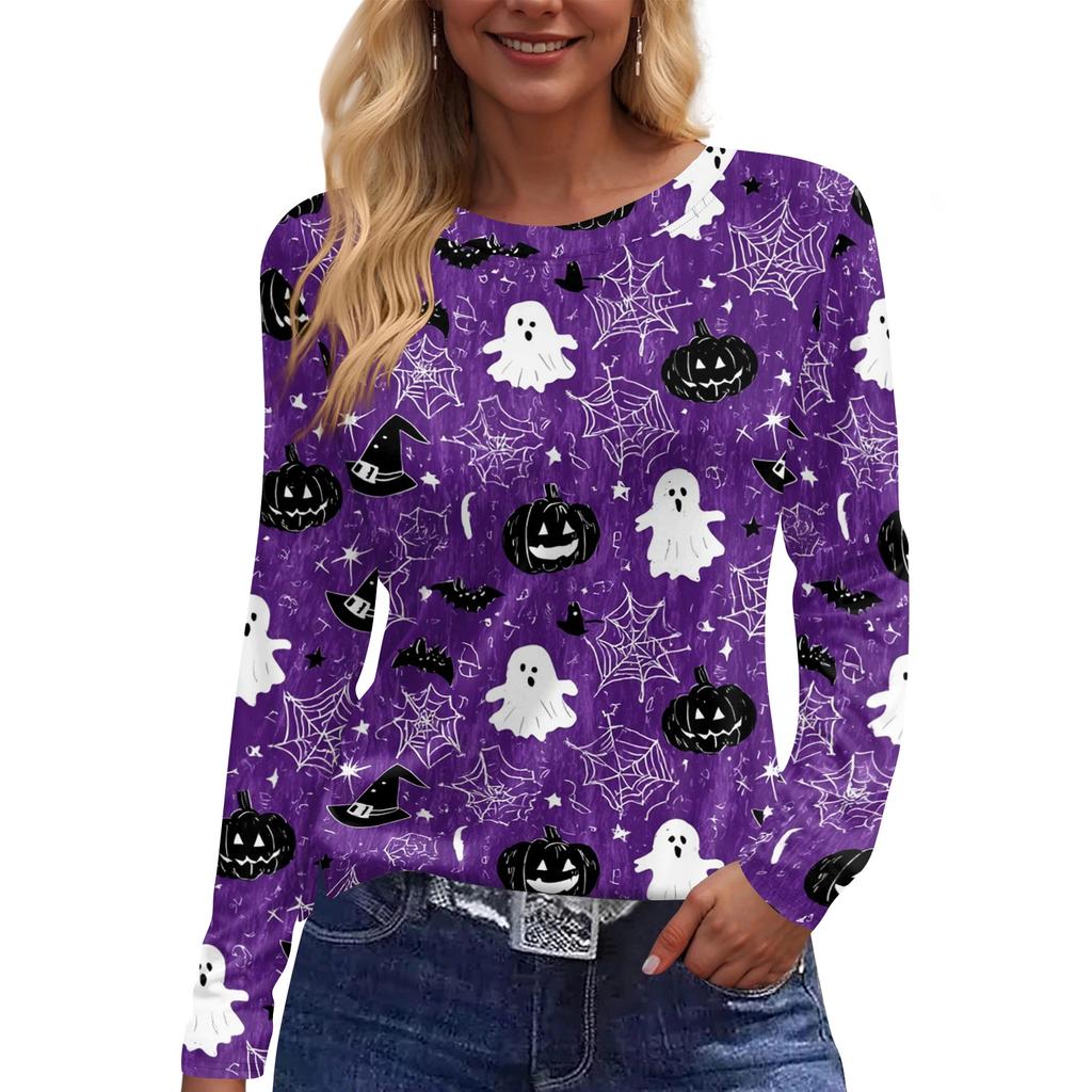 Women's Long Sleeve Halloween Print Top Round Neck Casual Pullover Shirt with Split Hem Lightweight Fabric for Seasonal Wear