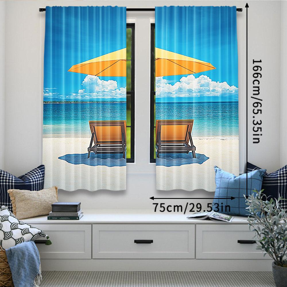2Pcs Coastal Curtain 2 Chairs And Caribbean Sea Under Umbrella Suitable For Bedroom Bathroom Living Room Dining Room