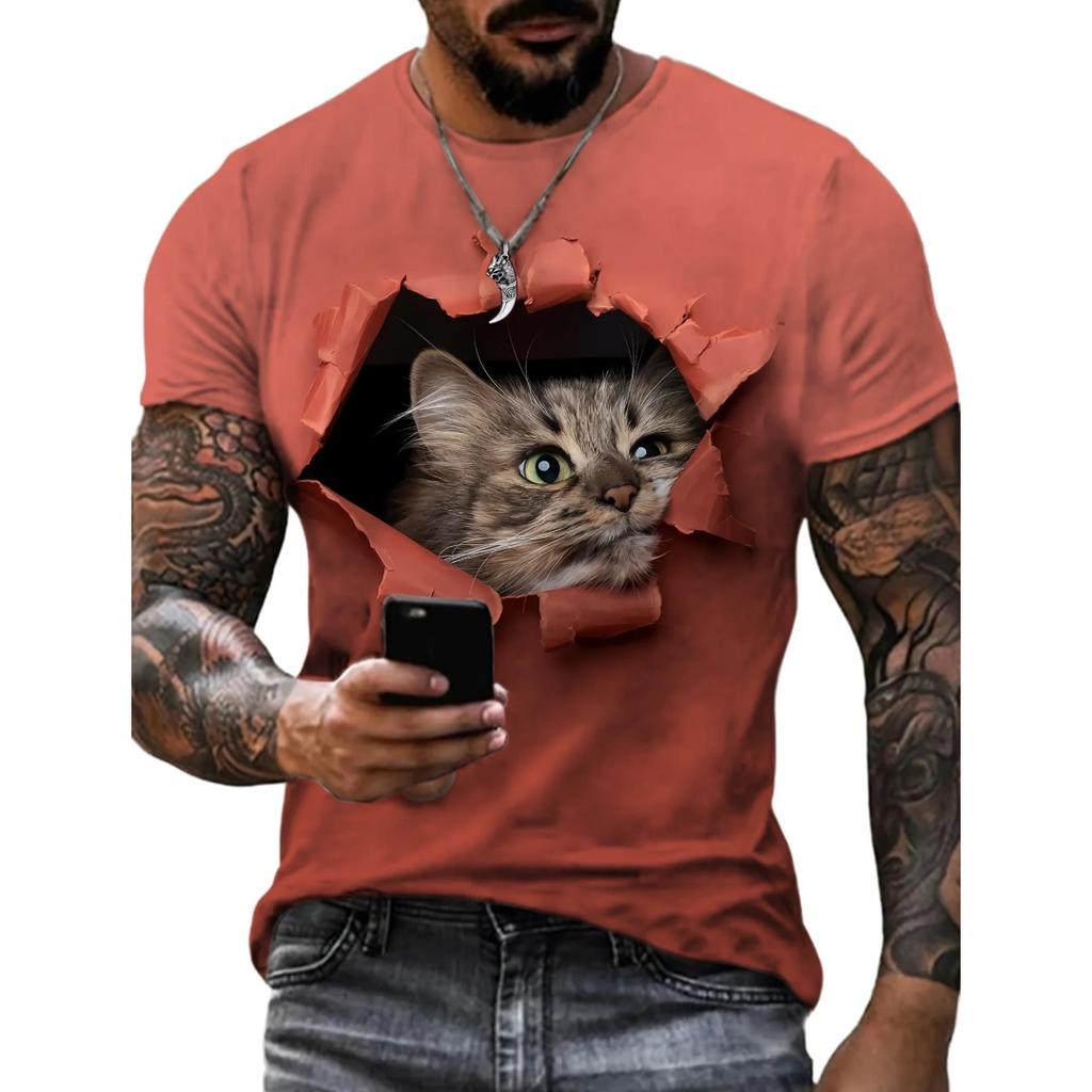 Letní Pánská Trička s Krátkým Rukávem s 3D Potiskem Kreslené Kočky s Kulatým Výstřihem