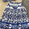 Elegant Porcelain Pattern Two Piece Set Women Flower Print Short Crop Top Pleated Maxi Skirt Suits Female Patchwork Vintage Strap Sets 2024
