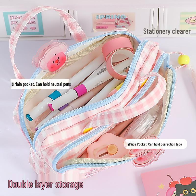Charming Double-Layer Lucky Embroidery Pencil Case with Large Capacity, Portable Design, and Stylish Dopamine-Inspired Look