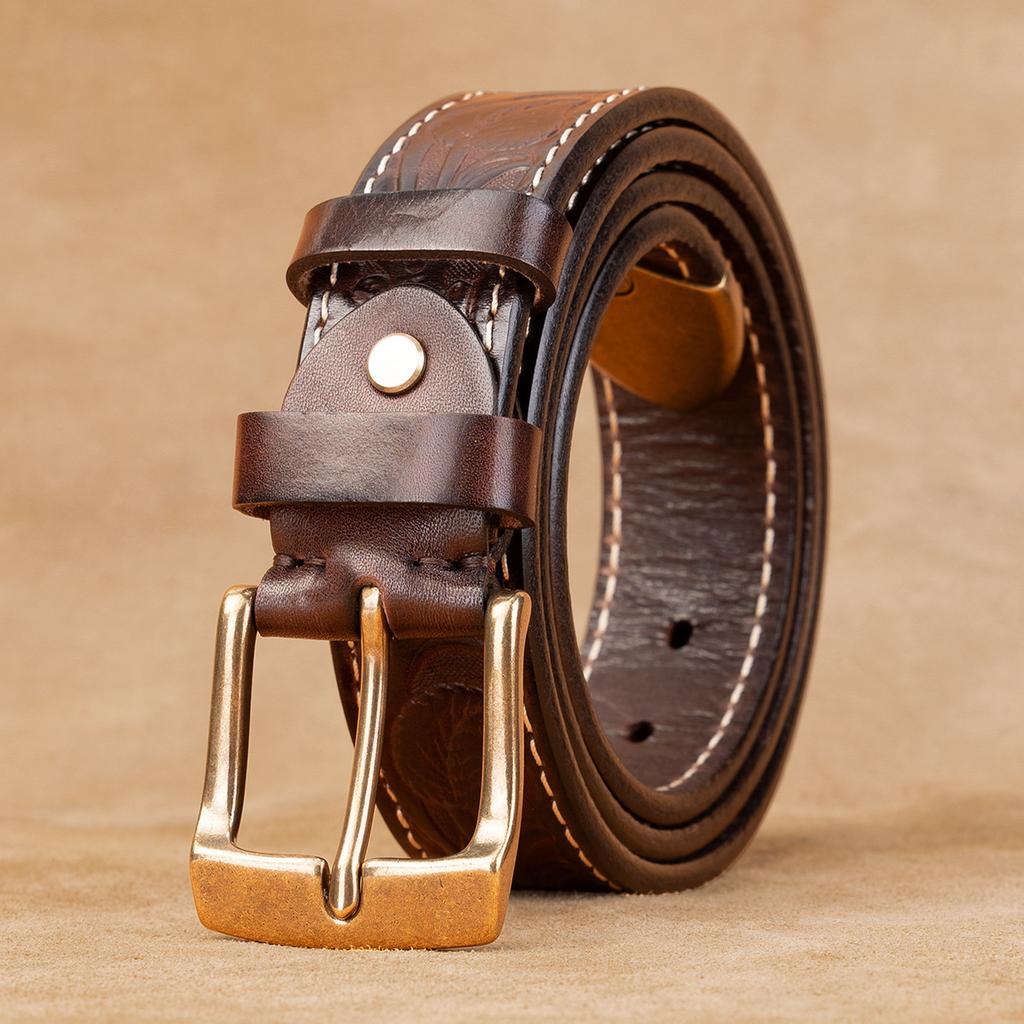 Men'S First-Layer Cowhide Belt Solid Copper Buckle Casual Simple Pin Buckle Leather Belt Business Middle-Aged And Young Men'S Belt