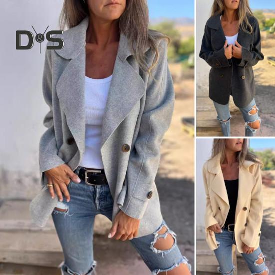 Sobretudo de inverno feminino, gola virada para baixo, cor sólida, dupla face, lã, trespassado, solto, casaco térmico, manga comprida, para deslocamento, namoro, primavera