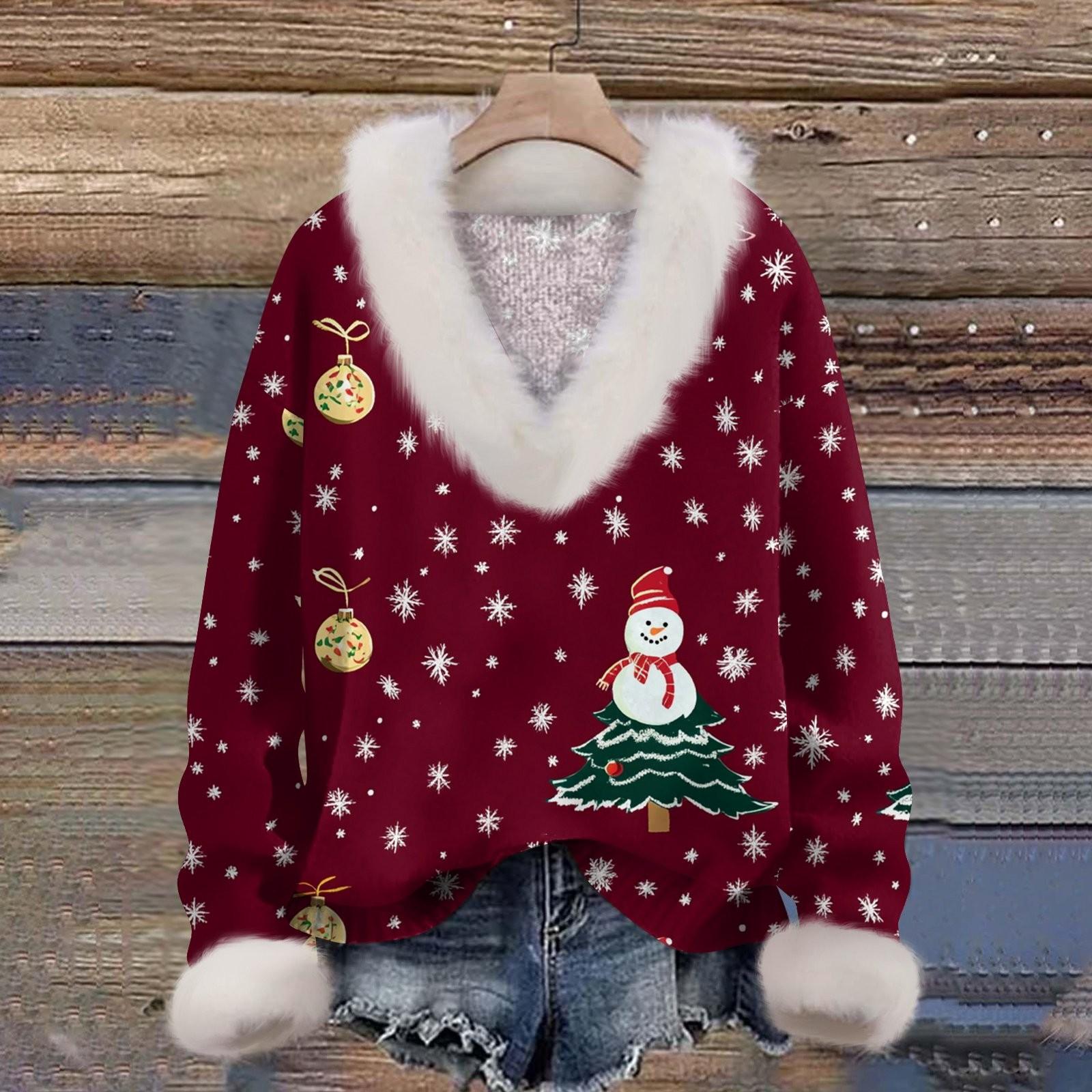 

Женский пуловер с длинными рукавами и принтом рождественского снеговика, плюшевым воротником и V-образным вырезом XL киноварь