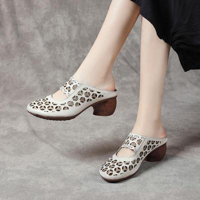 Baotou Women's Genuine Leather Mid-Heel Ethnic Style Slippers - Summer 2025 Hollow Soft Sole Sandals