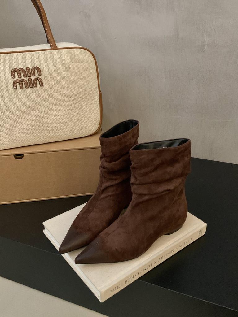 French pointed head polished color inner fold thin short boots women's autumn and winter new retro pleated stacked short bare boots