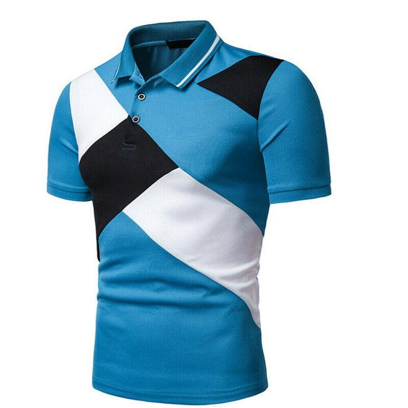 Classic Men's Lapel Tee Top Short Sleeve Splicing T Shirt With Premium Cotton Blend