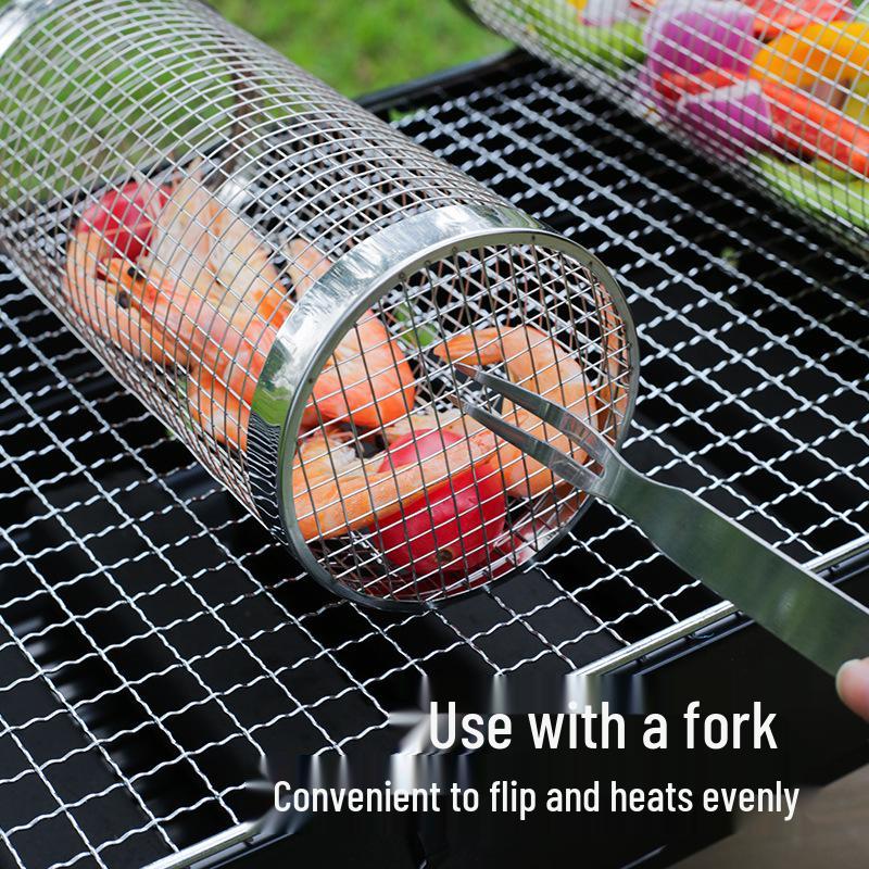 Tragbarer runder Grillkäfig - 304 Edelstahl Outdoor Zylinderkorb & Netz