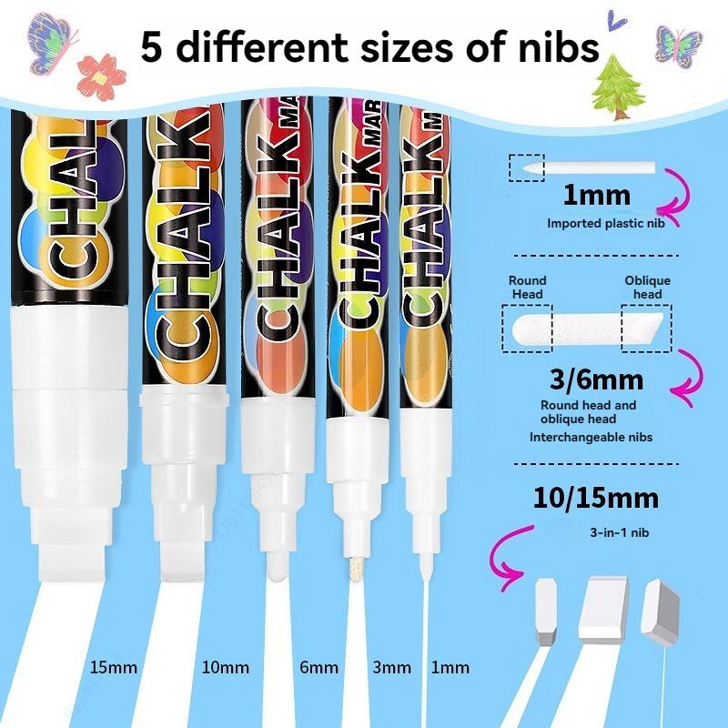 5 Stück/Set Weiße Kreidemarker - Flüssige Tafelmarker, Weißer Flüssigkreidemarker für Fenster, Glas - 1, 3, 6, 10, 15mm Spitzen