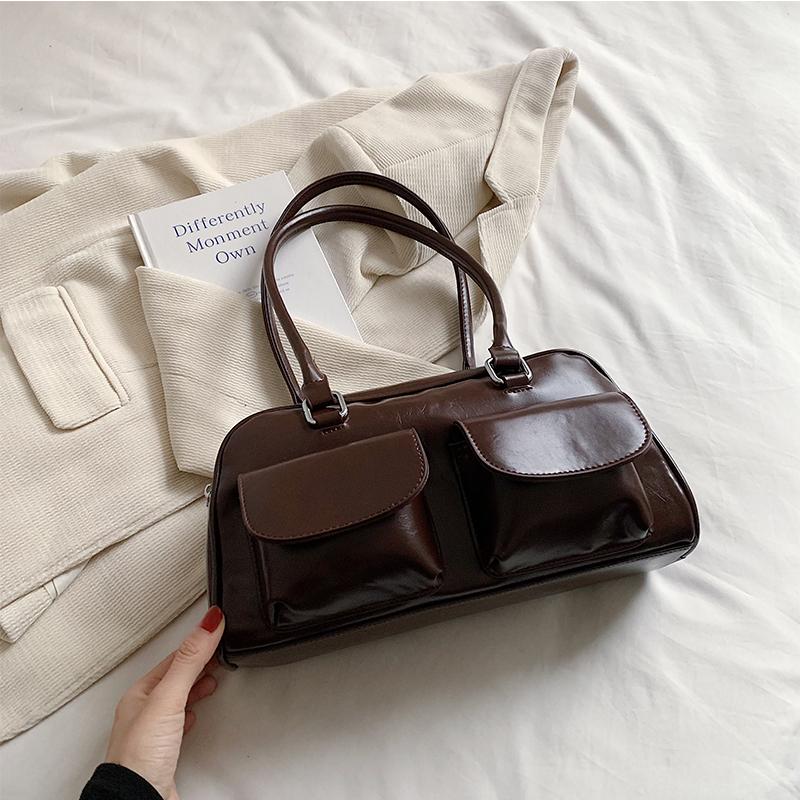 PU Leather Double Pockets Design Shoulder Bags for Women  Trend Female Commuter Underarm Bag Lady Handbags and Purses