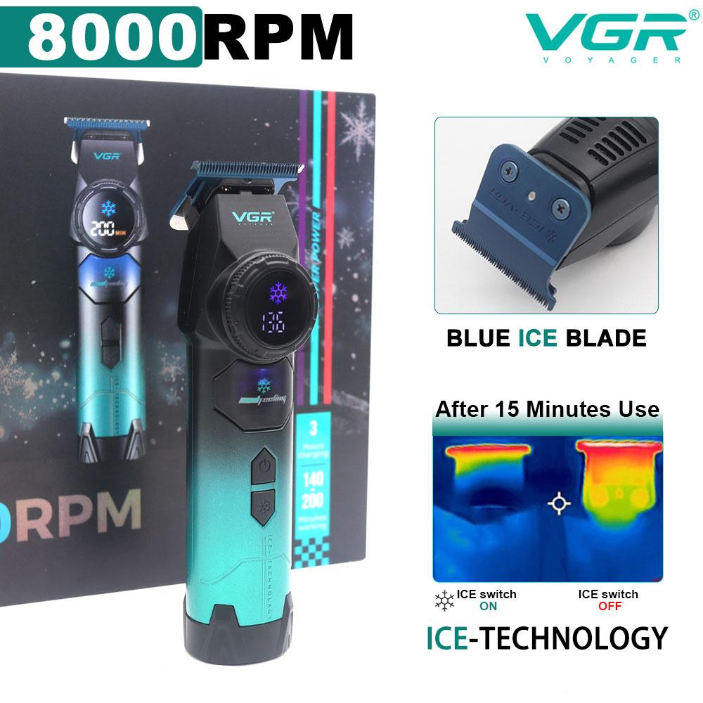 VGR V-946 Ice Tech Brushless Motor 8000RPM Metal Body DLC Blue Blade 0 Gap Professional Hair Trimmer for Barber Oil Head Clipper Haircut Machine