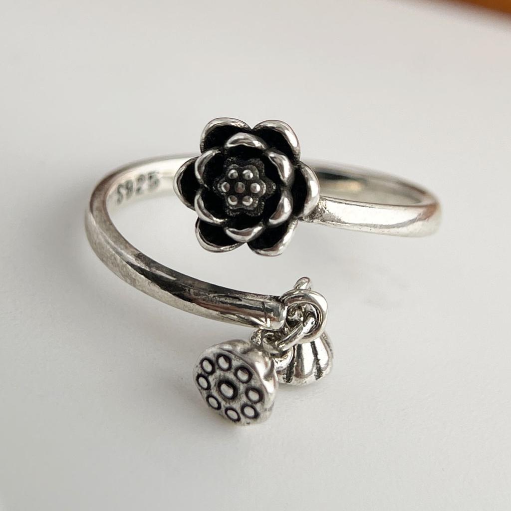 925 Sterling Silver Rings for Women Couple Minimalist Handmade Simple Wide Flower Retro Ring Fine Jewelry Gift Prevent Allergy