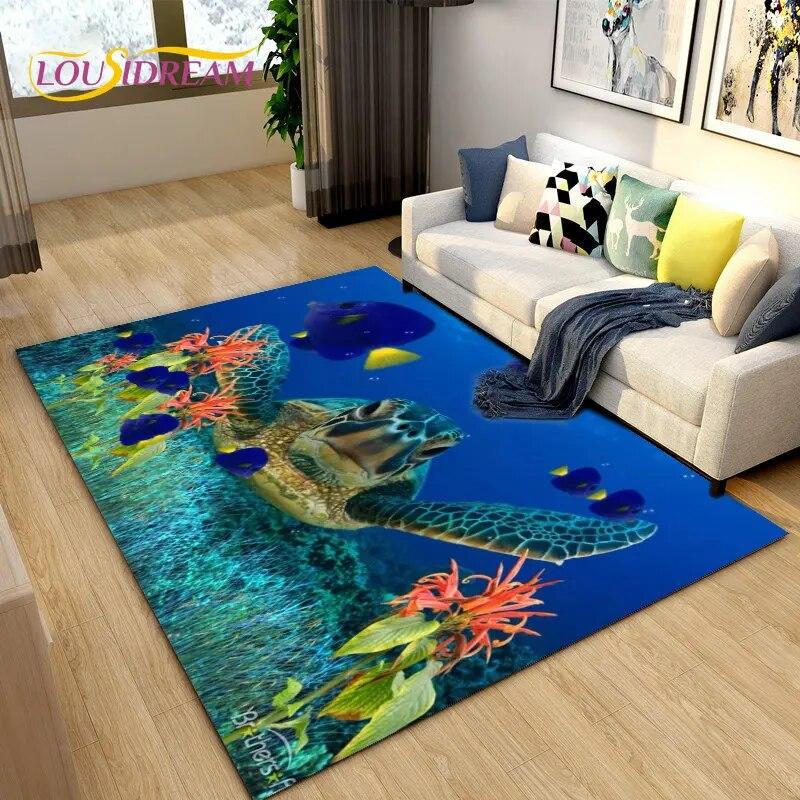 

3D Підводний світ Морська Черепаха Дельфін Килимок Великий, килимок для вітальні Спальня Диван Придверний килимок Кухня, Нековзкий килимок 70x100cm