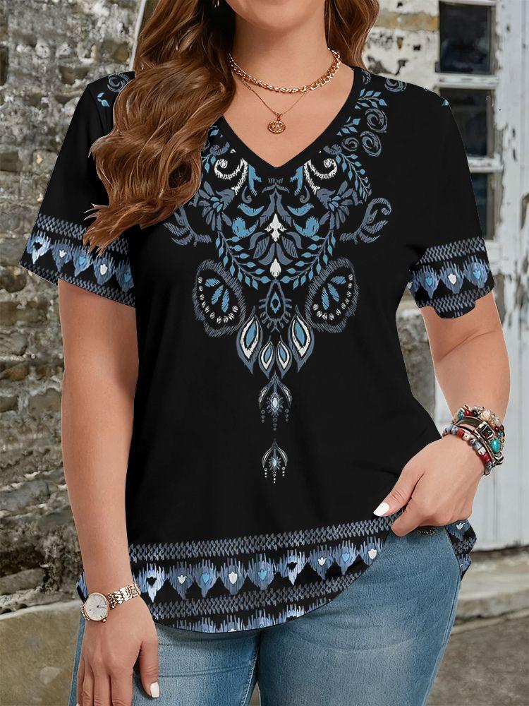 Ethnische Stil Blumen T-Shirts 3D Druck Sommer Damen V-Ausschnitt Kurzarm T-Shirt Y2k Harajuku Tees Lässige Oberteile Damenbekleidung
