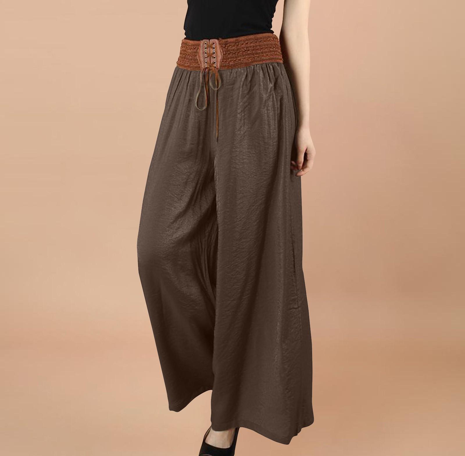 

Женская льняная уличная одежда с широкими штанинами, повседневная удобная одежда для отпуска, повседневная, на каждый день, с карманами для выходных, длинные удобные простые брюки One Size кофейный