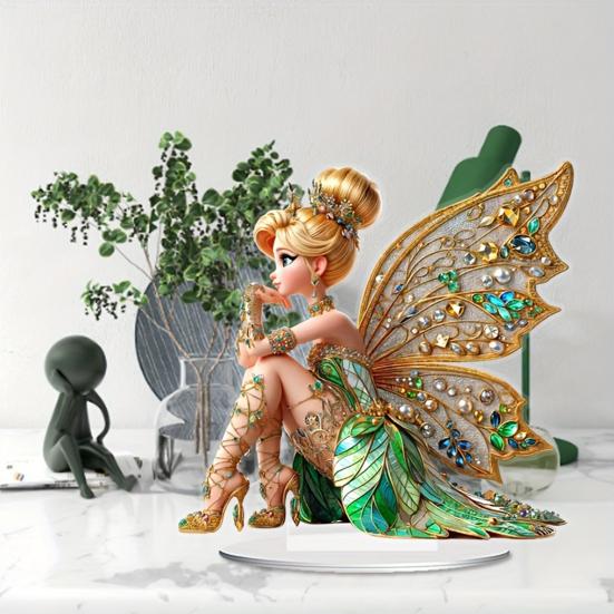 2D Fairy Tabletop Ornament Sitting Fairy Statue with Butterfly Wing Desktop Acrylic Sign for Bookshelf Windowsill Bonsai Landscaping Decor