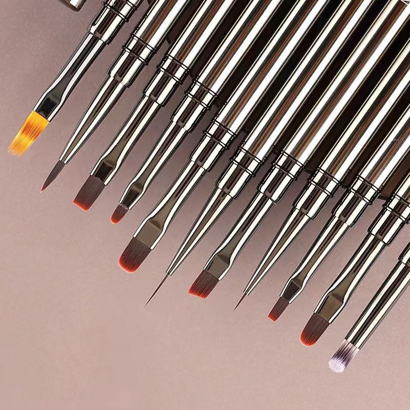 Pincel para decoración de uñas con mango de metal de 14 tamaños, pincel para delinear uñas, pincel para pintar con patrón de rayas, pincel para extensión de gel acrílico UV, bolígrafo para dibujar y tallar.
