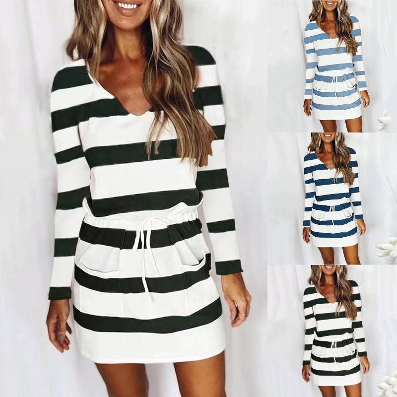 Autumn/winter Women's Printed Striped Pocket Dress