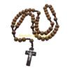 F26C Elegant Catholic Rosary Necklace with Solid Wood Beads and Wooden Crosses Prayer Neckchain for Baptisms Ceremonies Gift