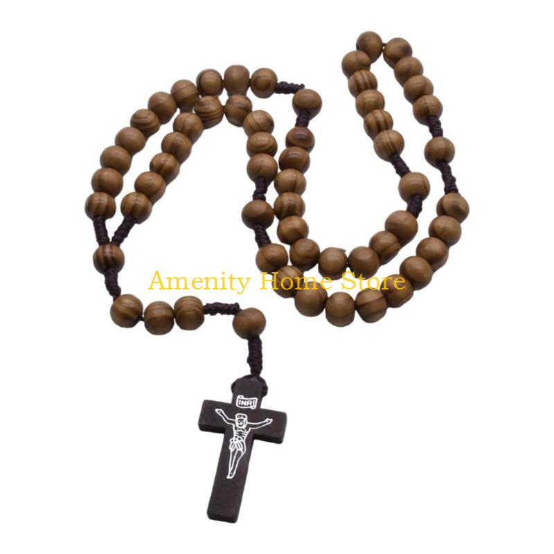 F26C Elegant Catholic Rosary Necklace with Solid Wood Beads and Wooden Crosses Prayer Neckchain for Baptisms Ceremonies Gift