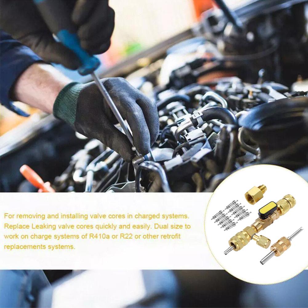 Valve Core Remover Installer Kit with Dual Size 1/4" & 5/16" Port, Schrader Valve Tool for R22 R410a R134A R12 R32 Refrigerant