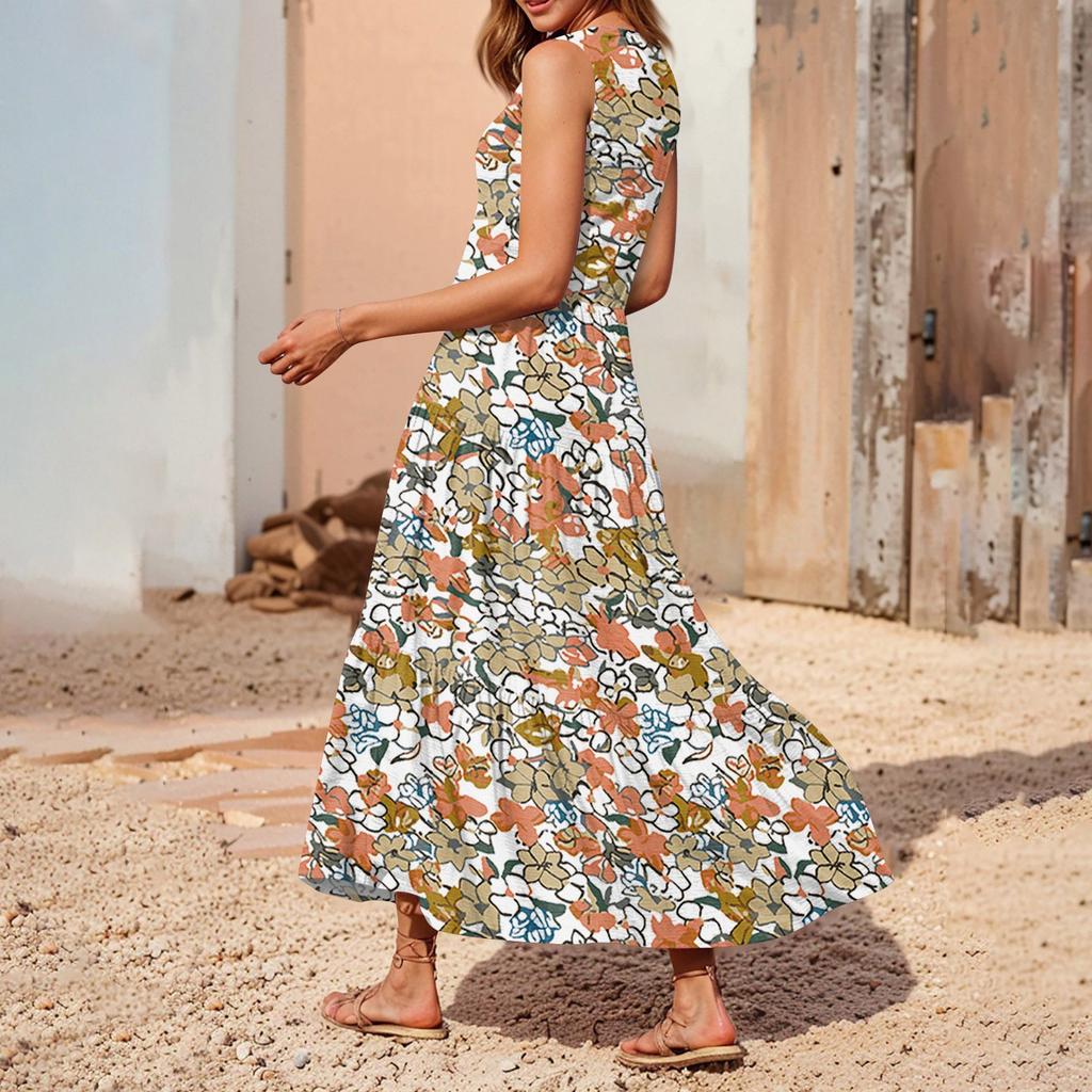 Women's Casual And Fashionable V-neck Sleeveless Printing Mid Length Dress