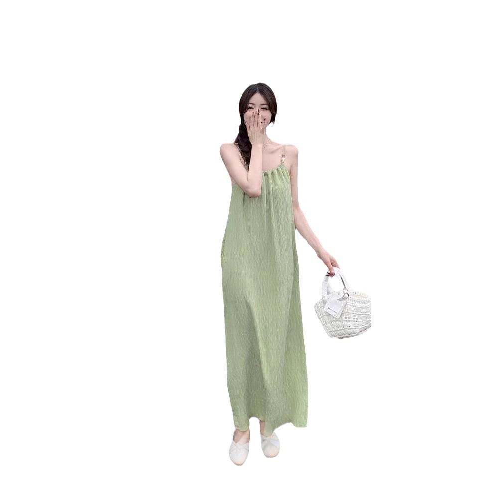 2024 Summer Women's Loose Slimming Green Spaghetti Strap Mid-Length Dress