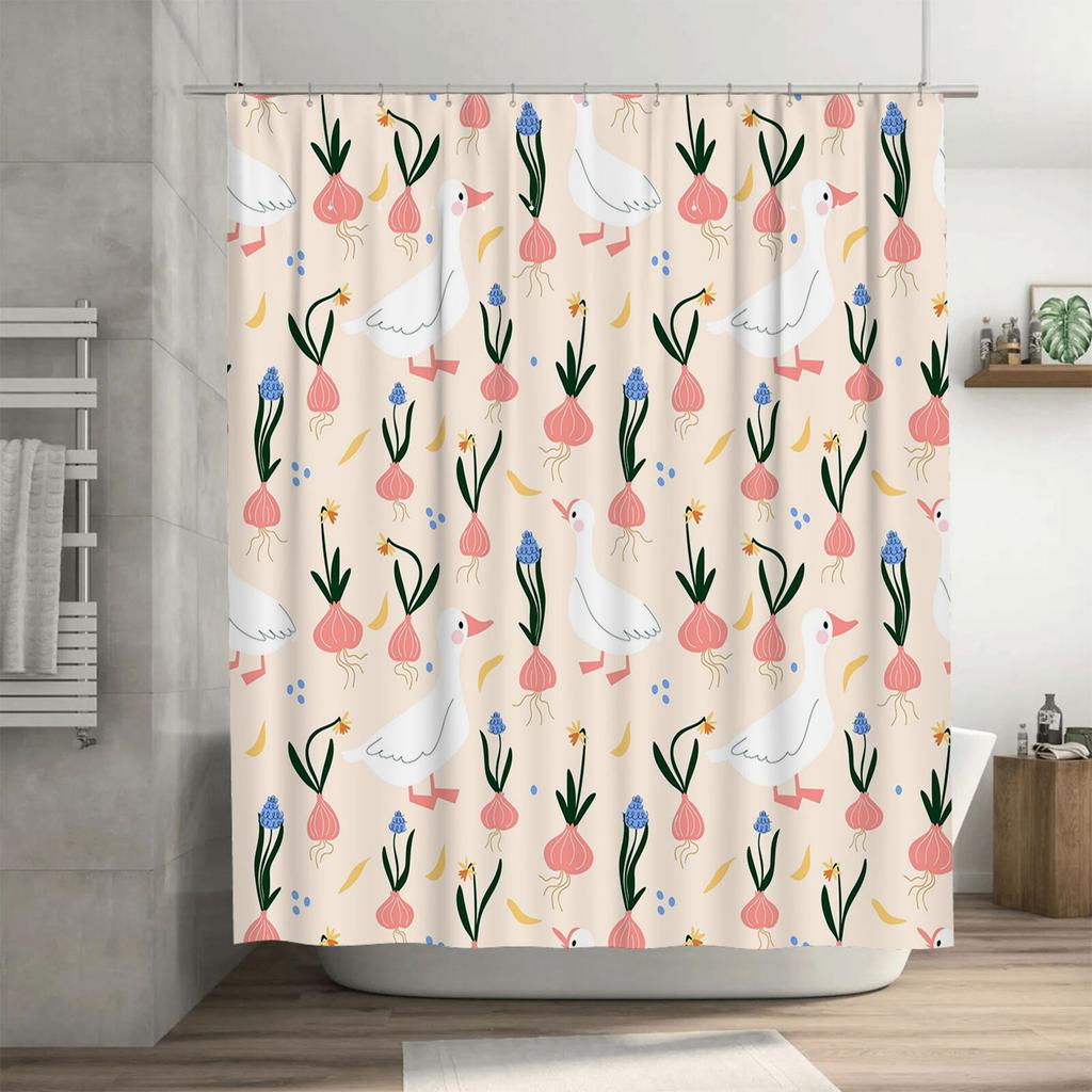 Pink Floral Bath Curtain with White Ducks Waterproof Bathroom Decor for Girls' Home Accessories