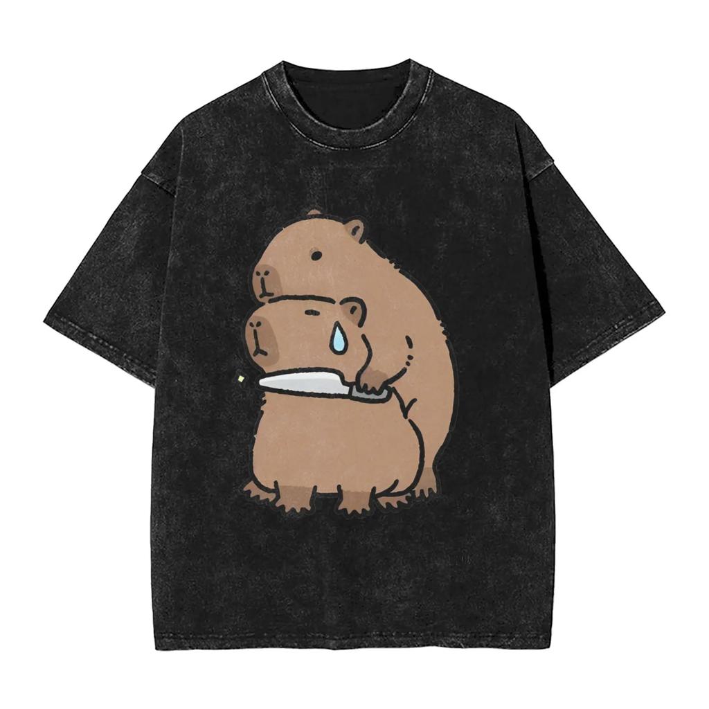 I WILL cut u!Capybara Animal Lovers Humor Washed T-Shirt Man Casual T-Shirts Summer O-Neck Trending Tees Loose Oversize Clothes