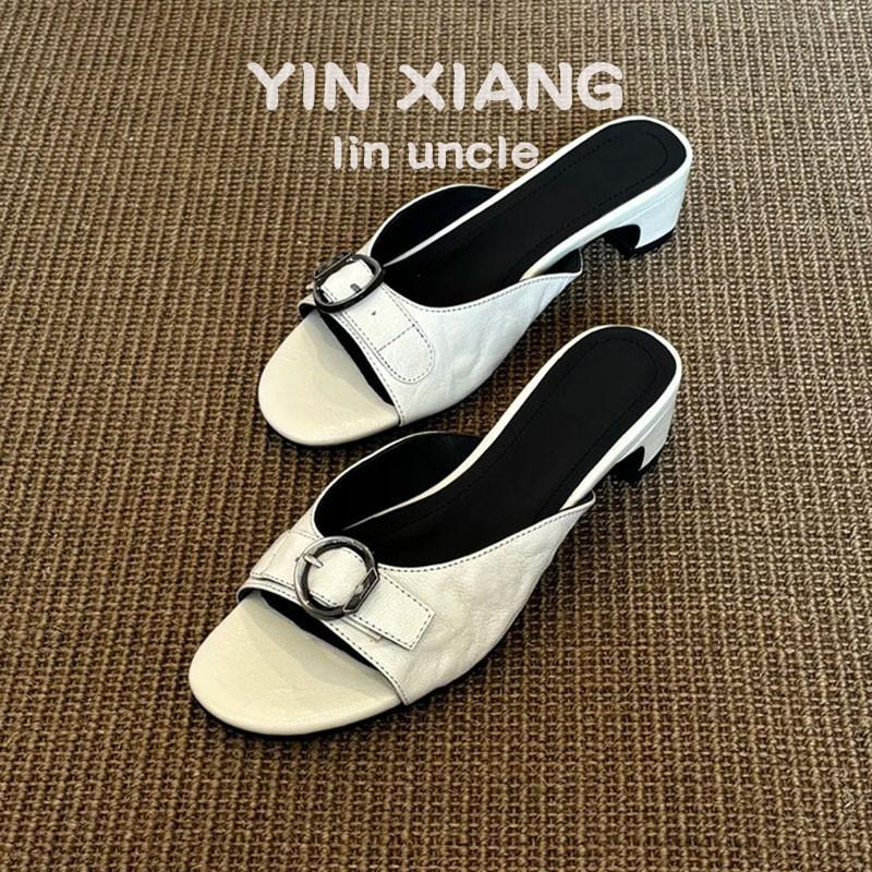 Cowhide version~ retro niche one-pedal leather half slippers women's summer outer wear holiday open-toed fish mouth cool slippers