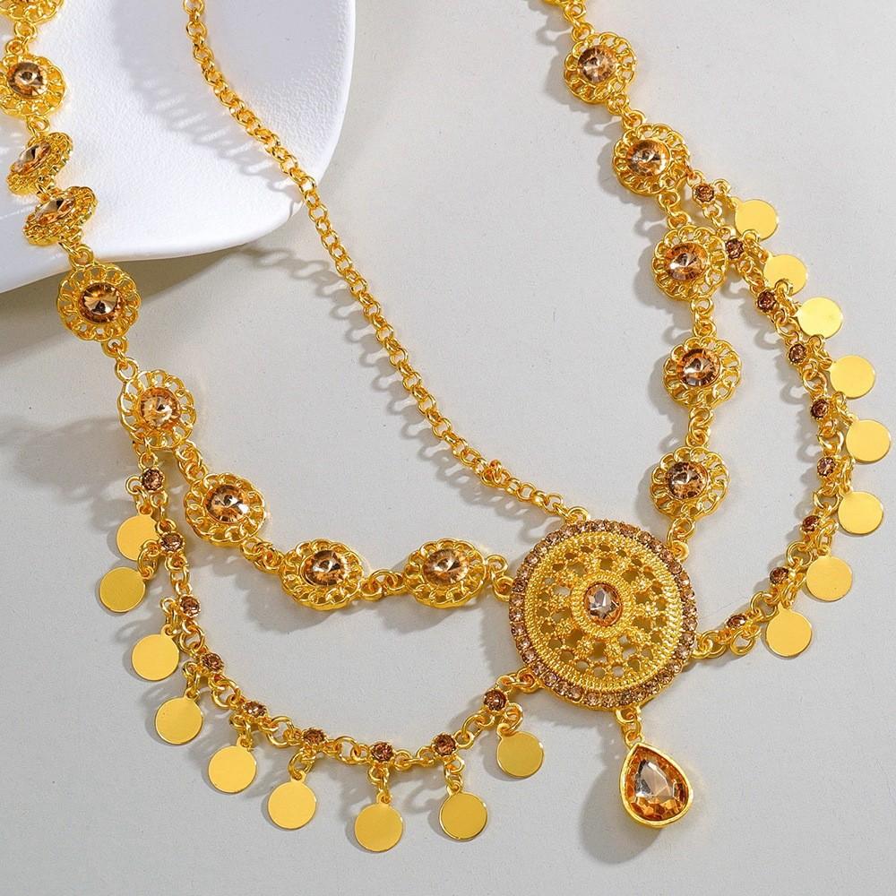 Arab Bridal Headpiece Gold Alloy Crystal Embellished Dangle Head Chain For Wedding And Gift