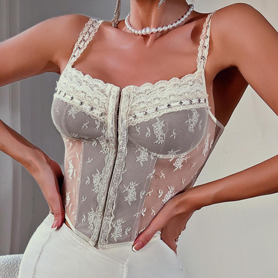 French Sexy Suspender Lace Ins Style Patchwork See Through Women’s Vests & Waistcoats