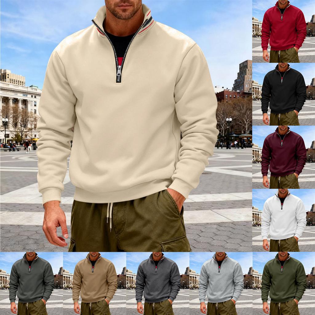 Men's Solid-color Casual Fleece Hoodie, Men's Loose Stand-up Collar Semi-zipper Casual Sport Pullover Hoodie